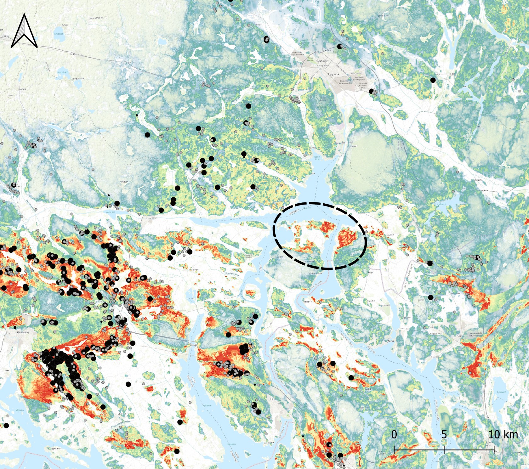 Modellen samt registrerade hällristningar, med ett av de högintressanta områdena kring Skokloster markerat.