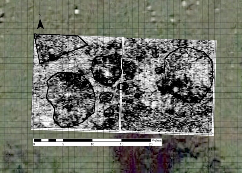 Georeferenced ReflexW depth slices above an aerial photograph of the plateau