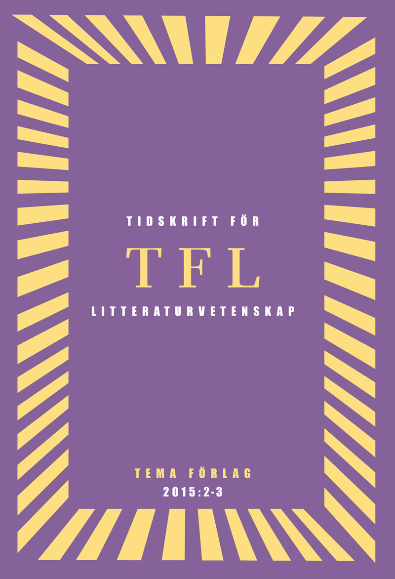 Lila bakgrund med gul ram och text i vitt och gult: TFL Tidskrift för litteraturvetenskap Tema förlag 2015:2-3