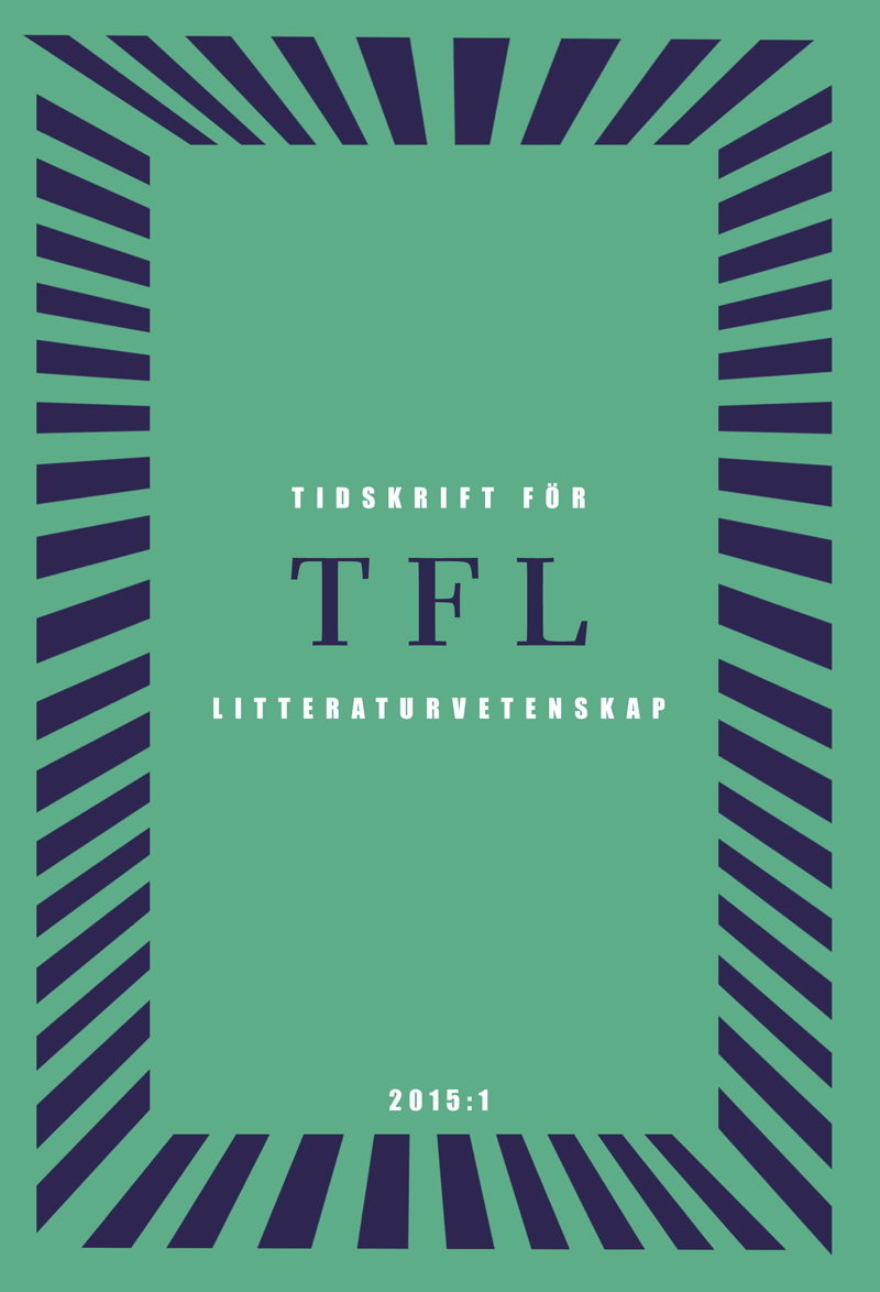 Grön bakgrund med mörklblå ram och text, tidskrift för litteraturvetenskap TFL 2015:1