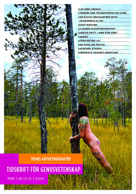 Tidskriftens framsida med följande information: Tidskrift för genusvetenskap, 45(2-3) 2024. Omslagsbild Pine is my pronoun, by Zafira Vrba Woodski